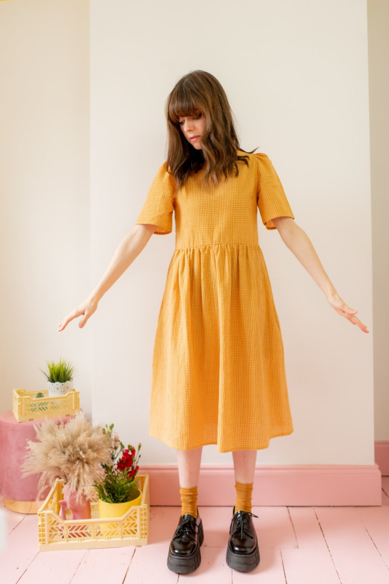 Warm yellow check organic cotton dress
